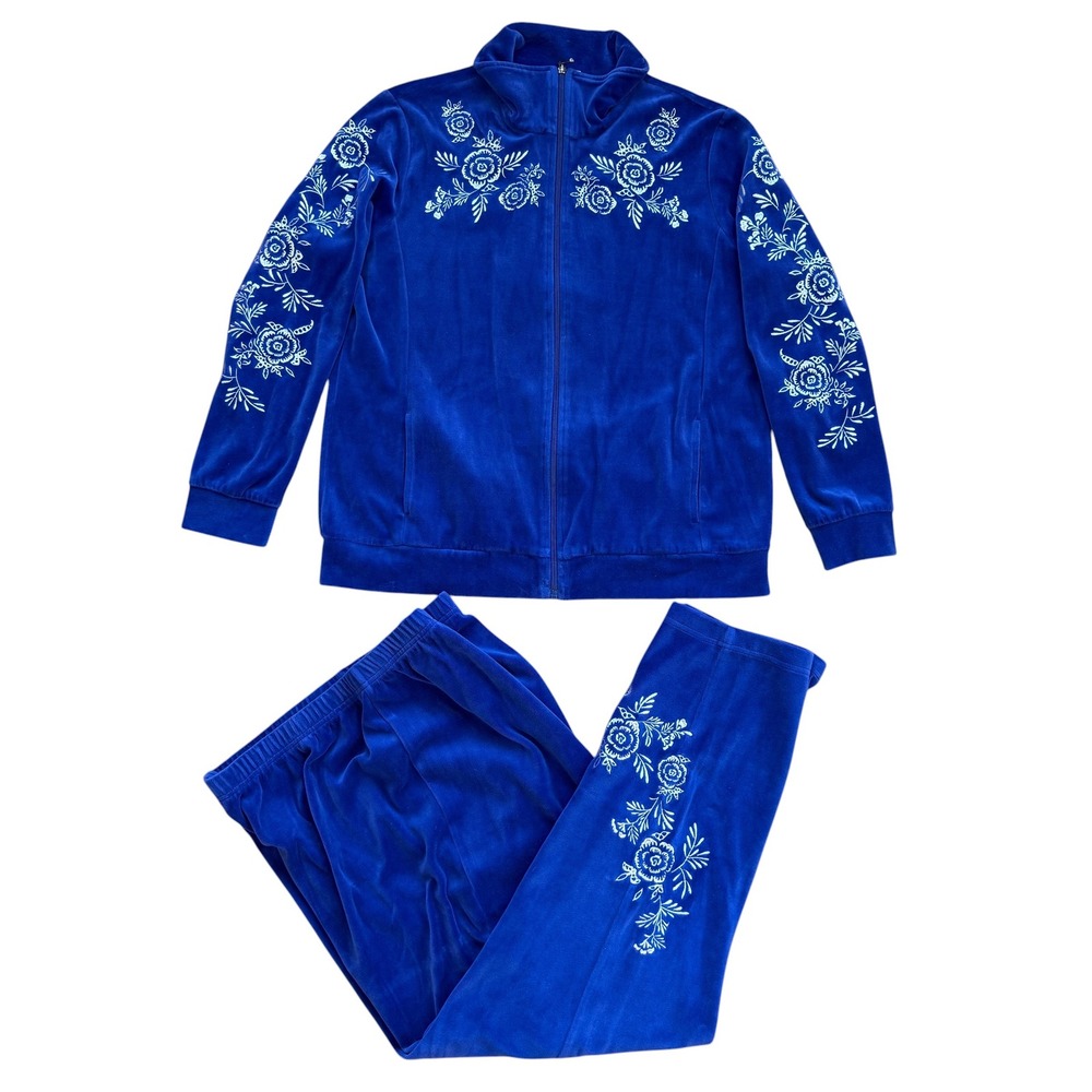 Drapers & Damons Lifestyle Blue Velour Tracksuit Floral Embroidered Set L 1X